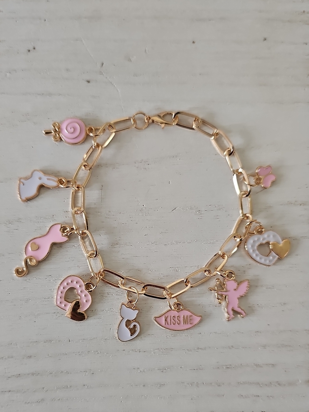 Gold-Tone Charm Bracelet with Pink and White Enamel Charms